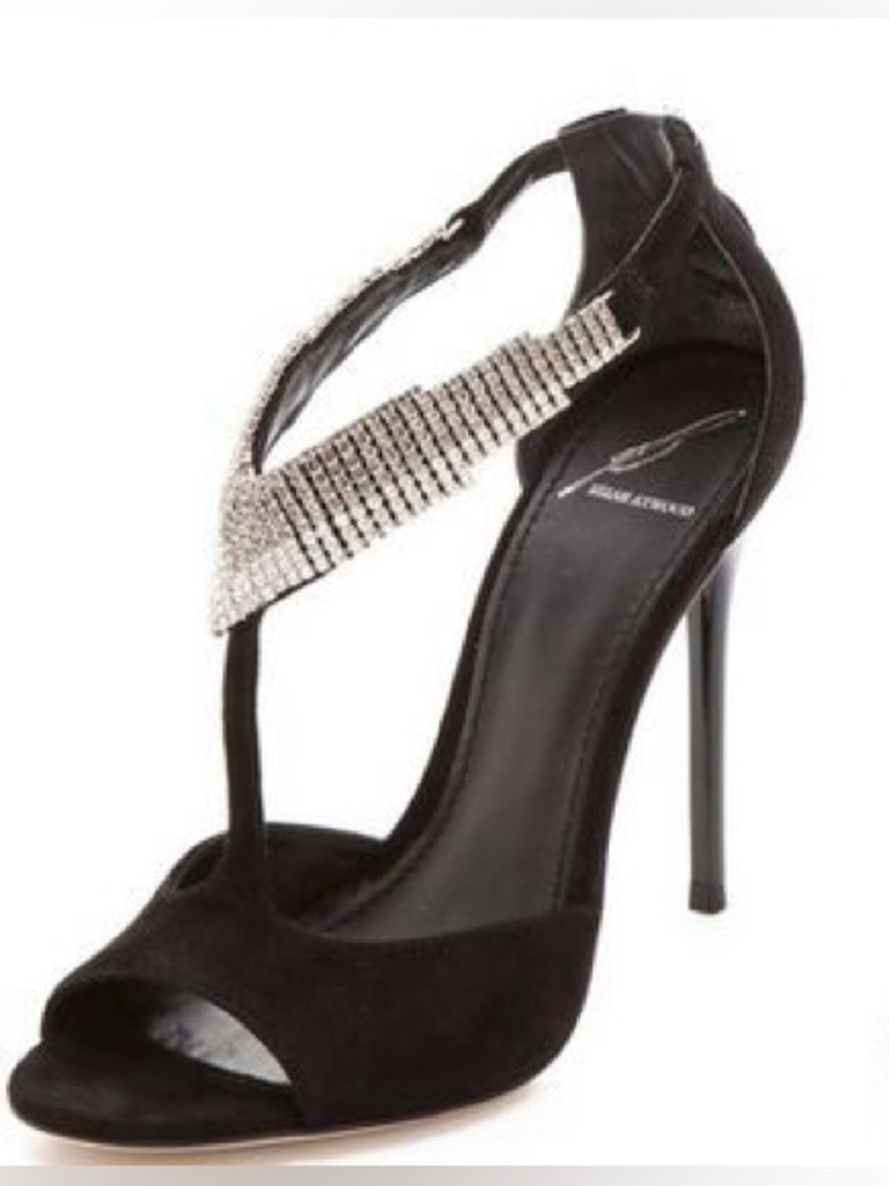 Brian Atwood Floretto Black Suede Rhinestone Detail T Strap Heels Size 8.5